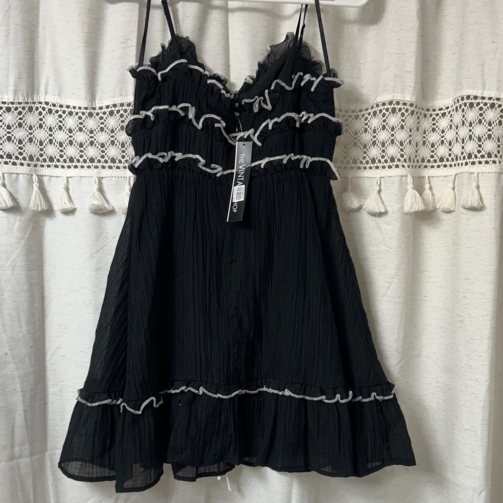 The Vintage Shop Black Mini Dress with White Ties - Picture 5 of 8